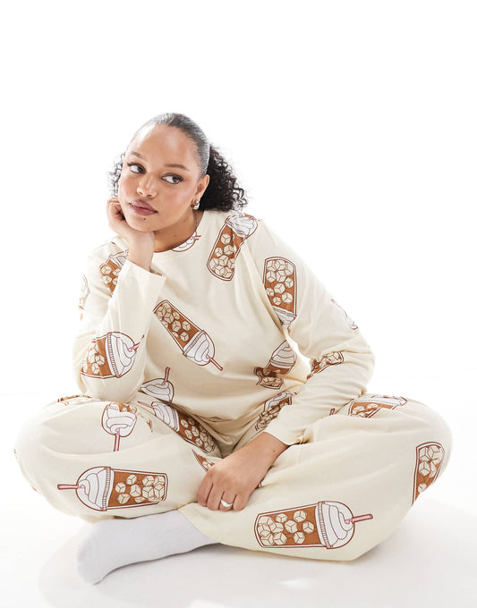 Curve Iced Coffee Long Sleeve Top And Trouser Pyjama Set