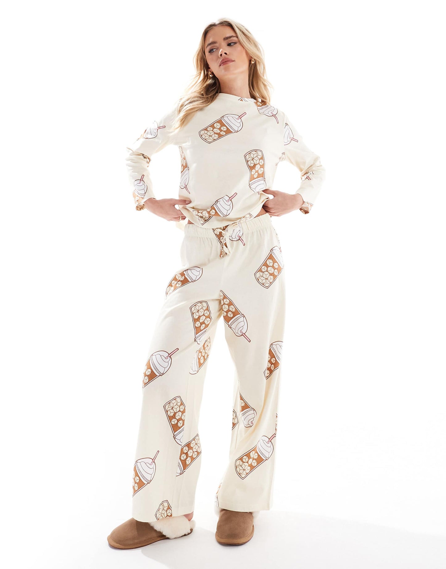 Petite Iced Coffee Long Sleeve Top And Trouser Pyjama Set