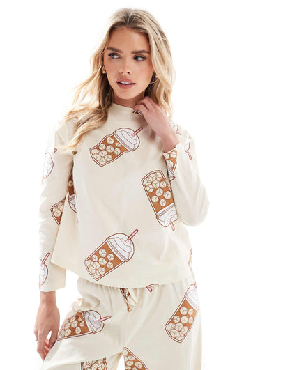 Petite Iced Coffee Long Sleeve Top And Trouser Pyjama Set