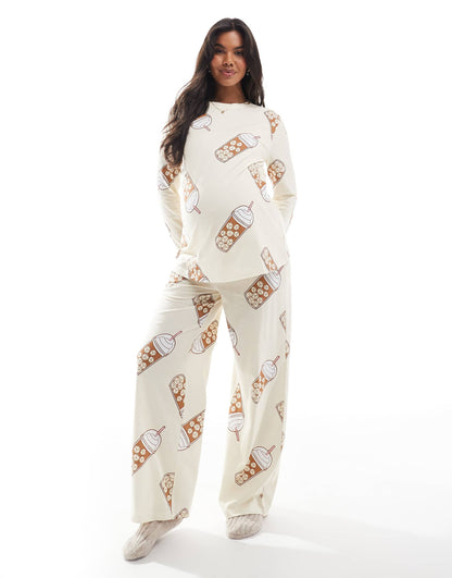 Maternity Iced Coffee Long Sleeve Top And Trouser Pyjama Set