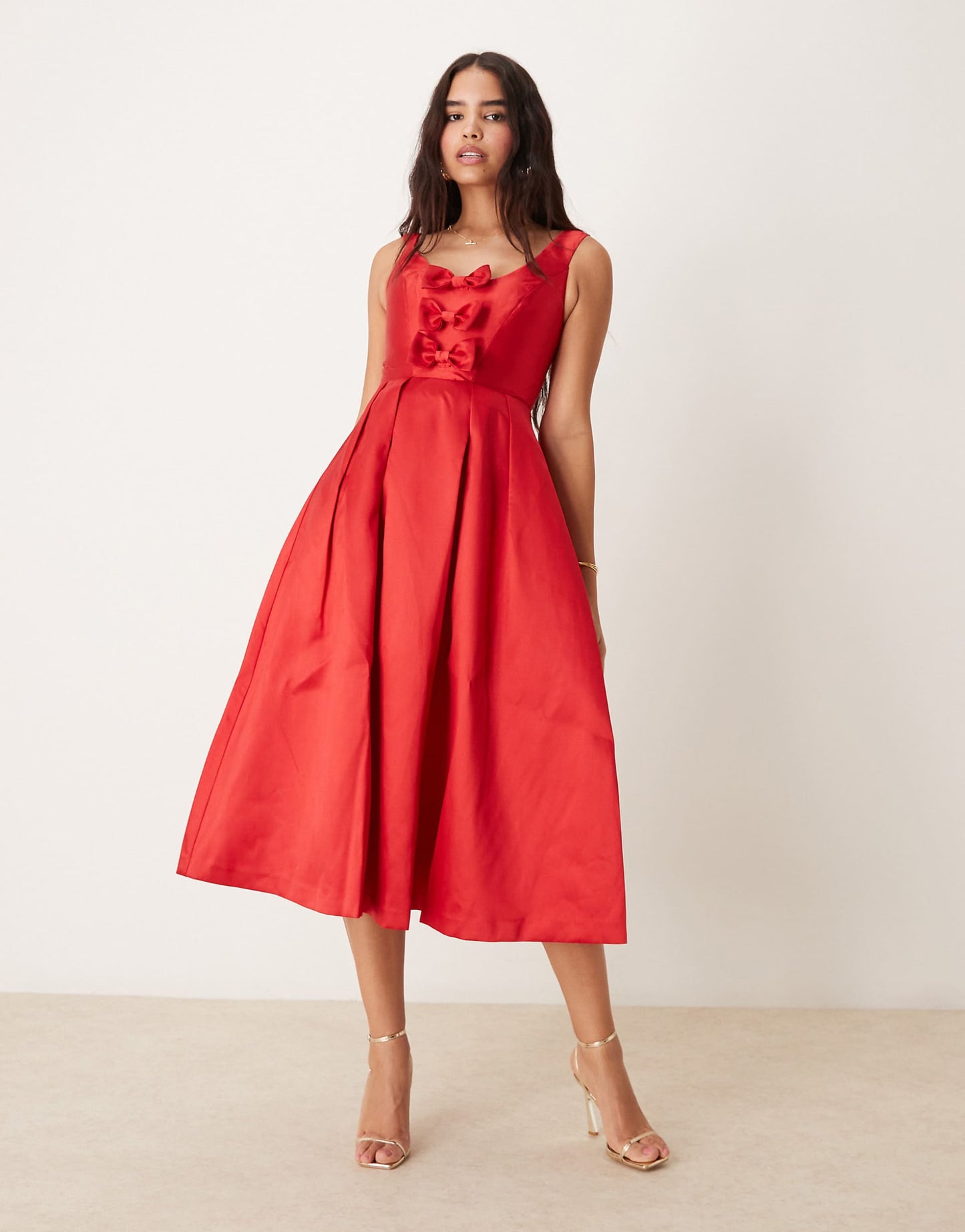 Structured Satin Midi Dress With Bow Detail