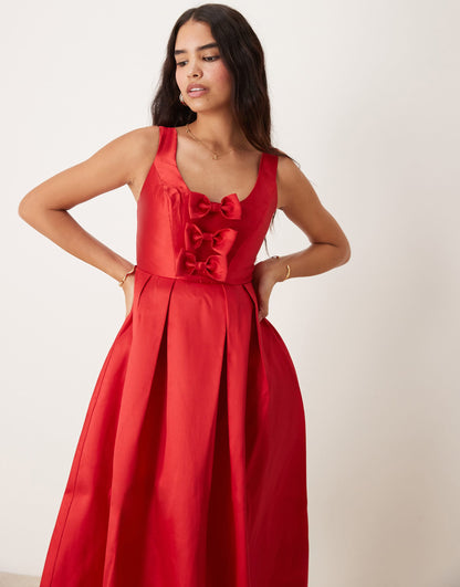 Structured Satin Midi Dress With Bow Detail