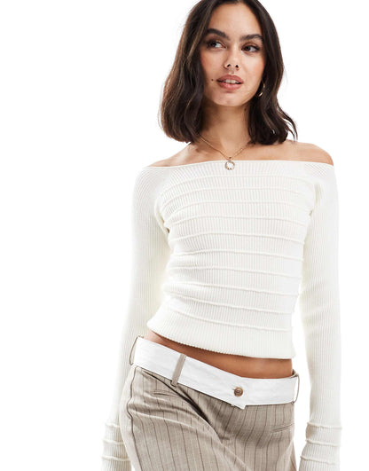 Knitted Off The Shoulder Bardot Top With Stitch Detail