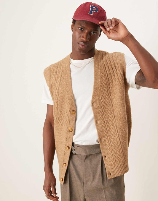 Relaxed Cable Knitted Patchwork Button Thru Tank