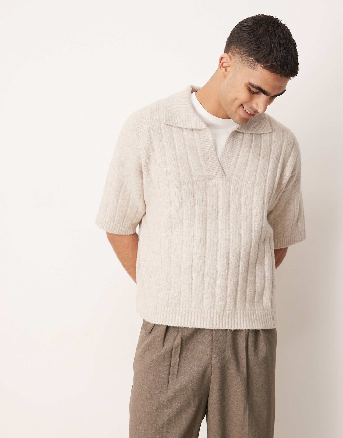 Oversized Boxy Fit Rib Knitted Notch Neck Polo