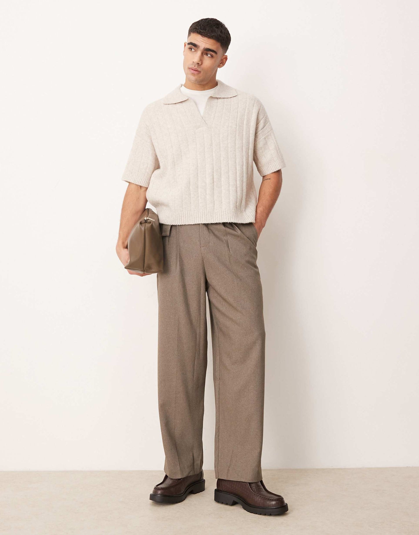 Oversized Boxy Fit Rib Knitted Notch Neck Polo