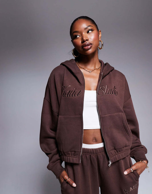 Studio Logo Zip Through Cropped Hoodie Co-Ord