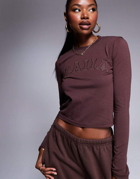 Embroidered Logo Long Sleeve Cropped T-Shirt Co-Ord