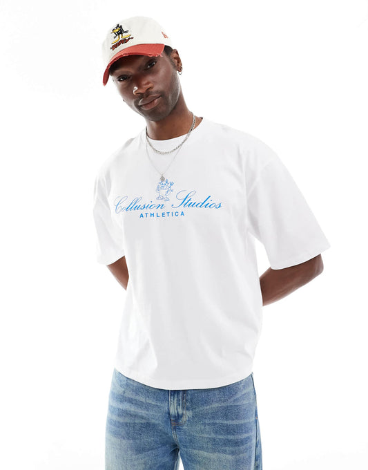 White Boxy Crop T-Shirt With Blue Print