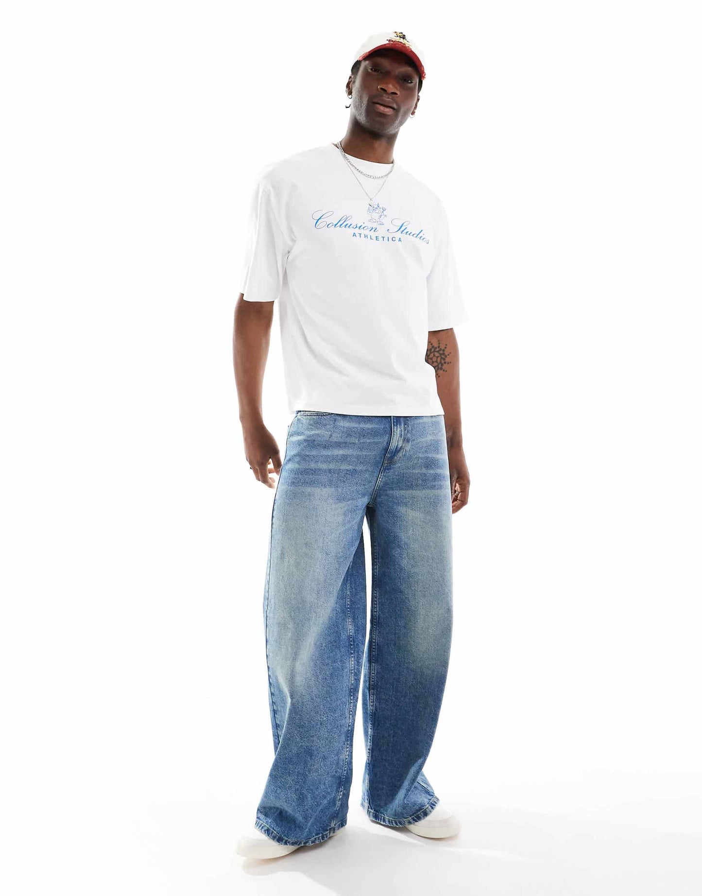 White Boxy Crop T-Shirt With Blue Print