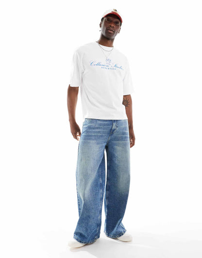 White Boxy Crop T-Shirt With Blue Print