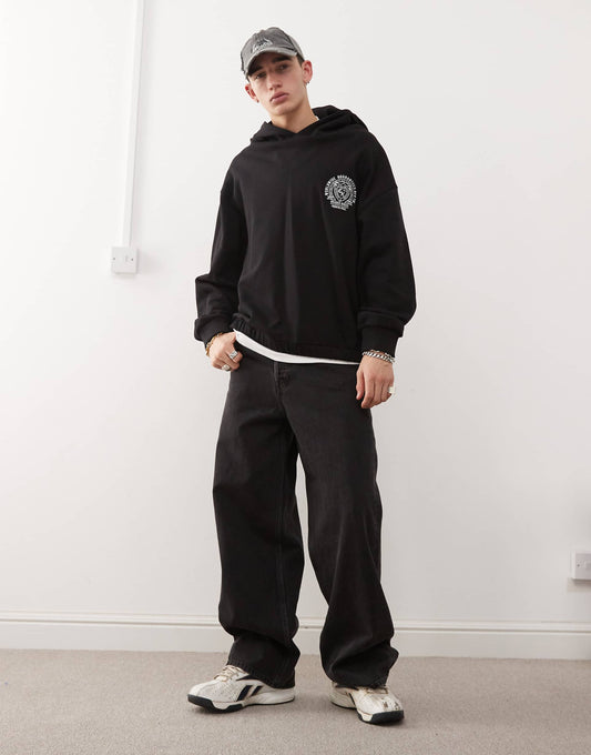 Black Boxy Cropped Hoodie