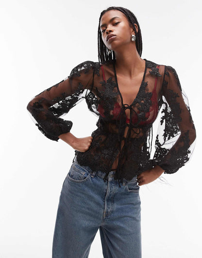 Sheer Floral Lace Puff Sleeve Top