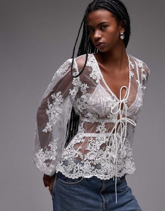 Sheer Floral Lace Puff Sleeve Top