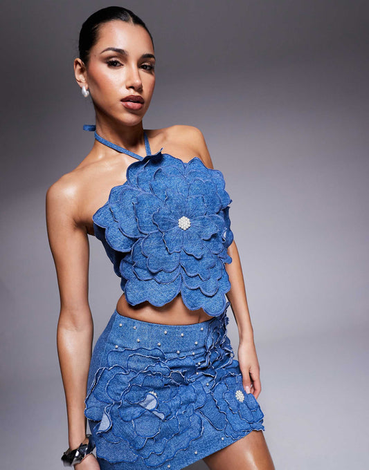 Denim Co-Ord 3D Flower Top With Pearl Embellishment