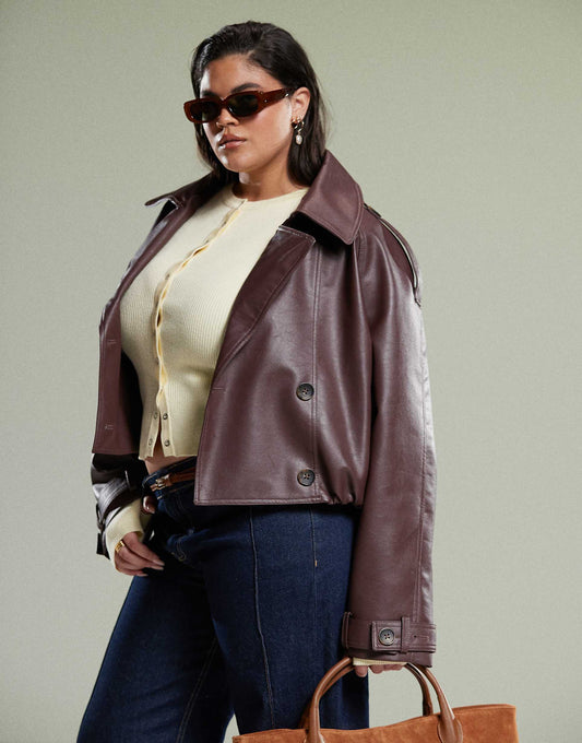 Curve Leather Look Bomber Trench Coat