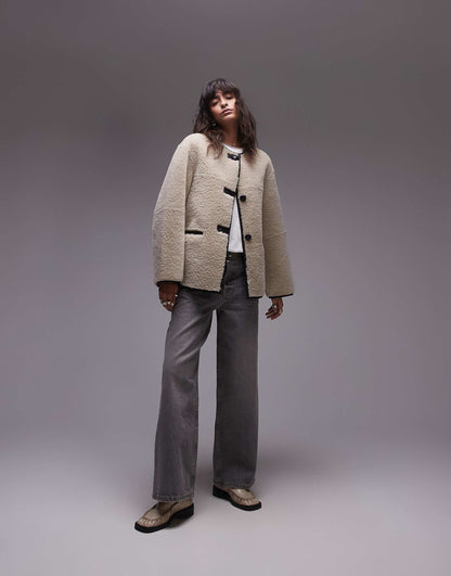 Contrast Detail Collarless Shearling Jacket