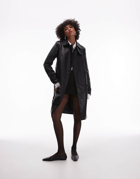 Faux Leather Mid Length Trench Coat