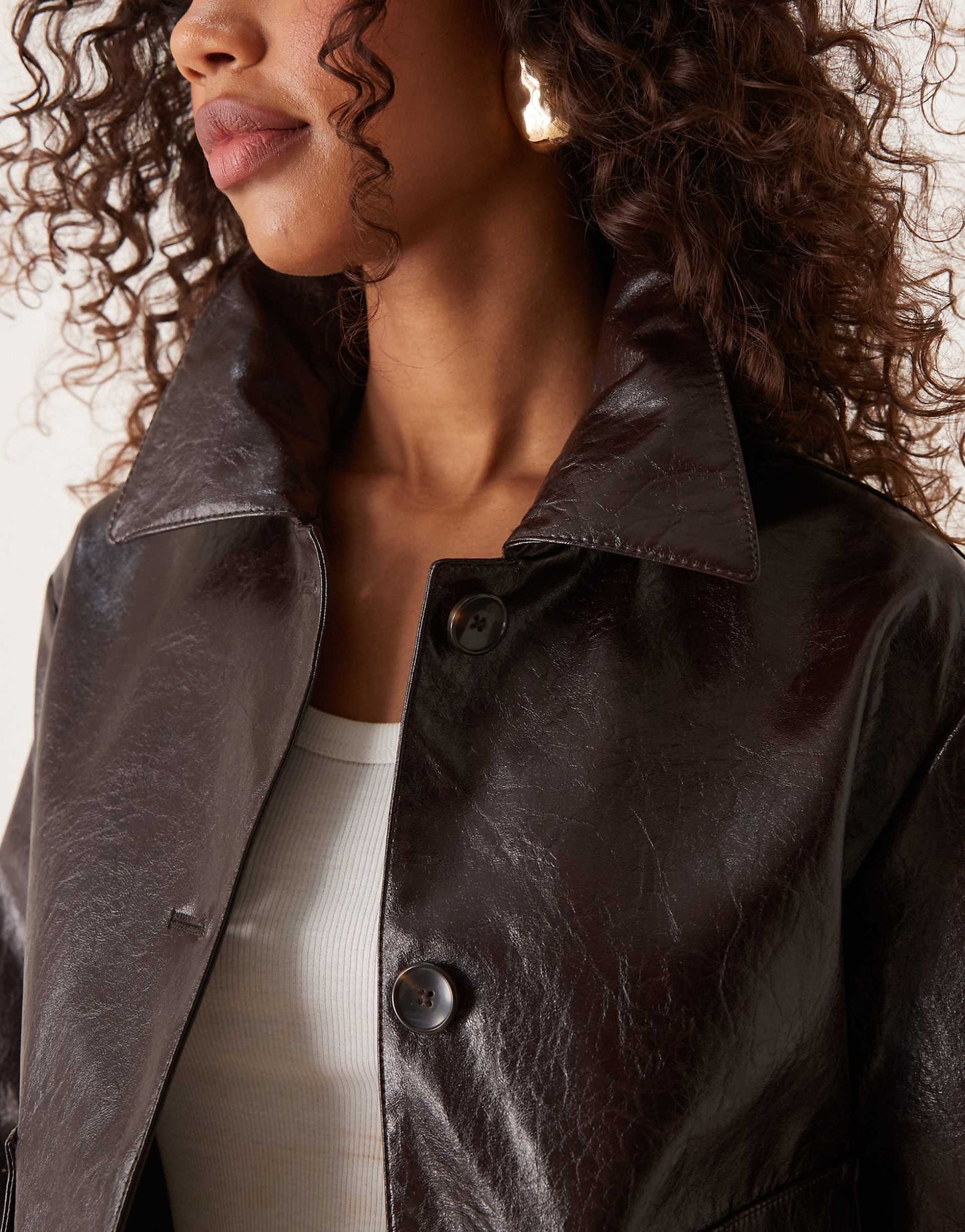 Button Down Faux Leather Cropped Jacket