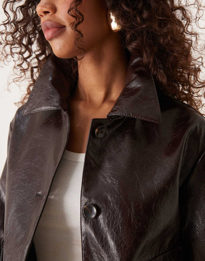 Button Down Faux Leather Cropped Jacket