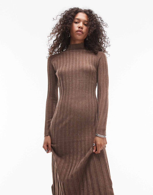 High Neck Long Sleeve Ribbed Midi Dress