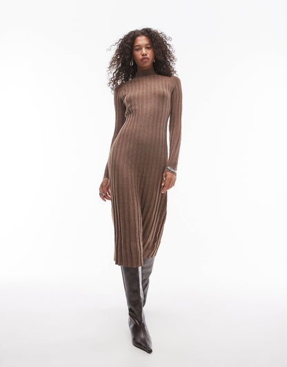 High Neck Long Sleeve Ribbed Midi Dress