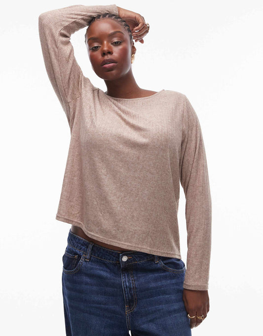Curve Mixed Ribbed Long Sleeve Top