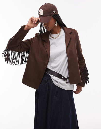Tassle Sleeve Western Suede Look Jacket