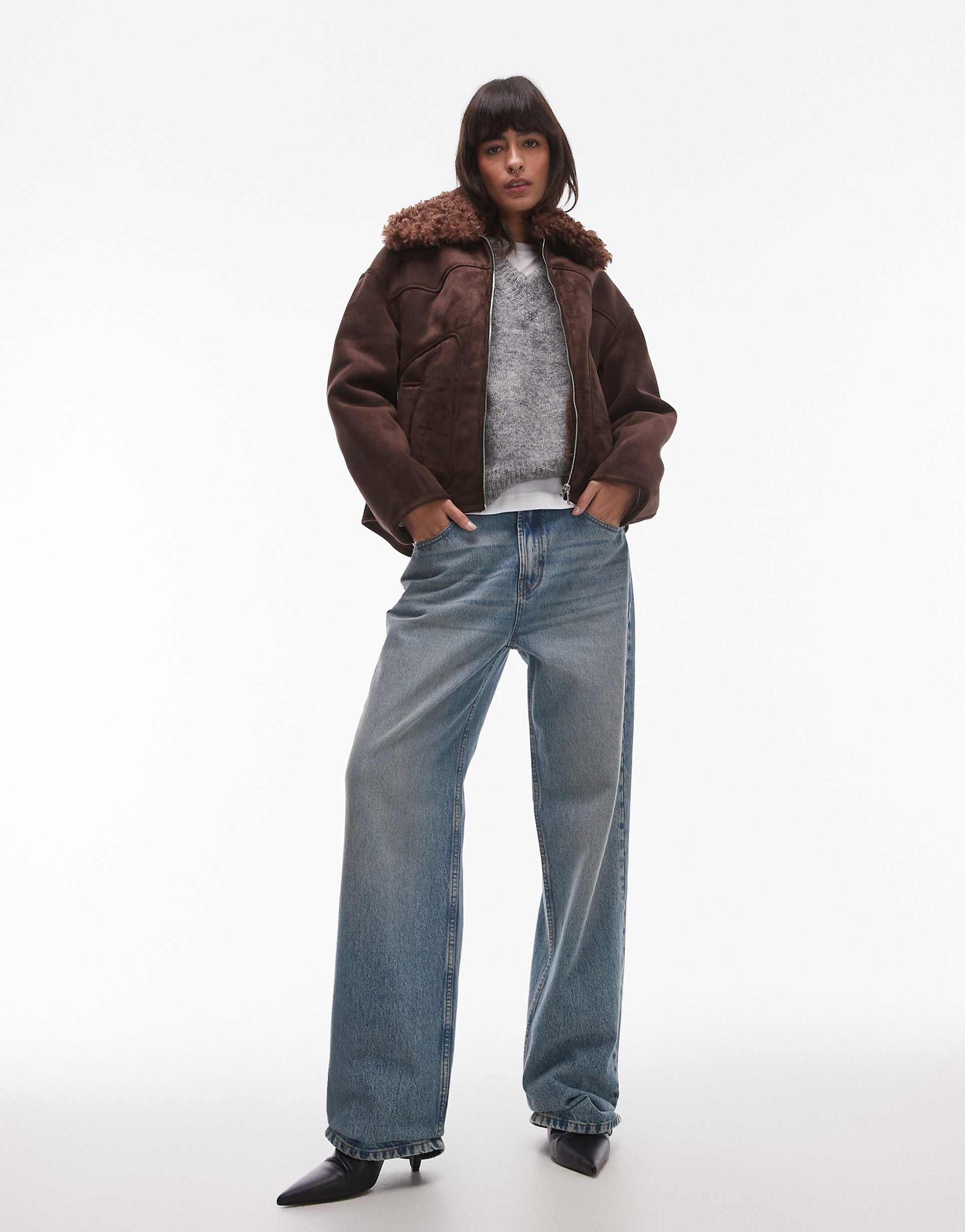 Suede Look Aviator With Shearling Collar
