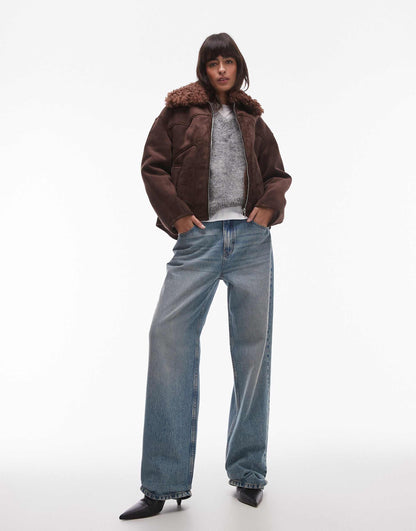Suede Look Aviator With Shearling Collar