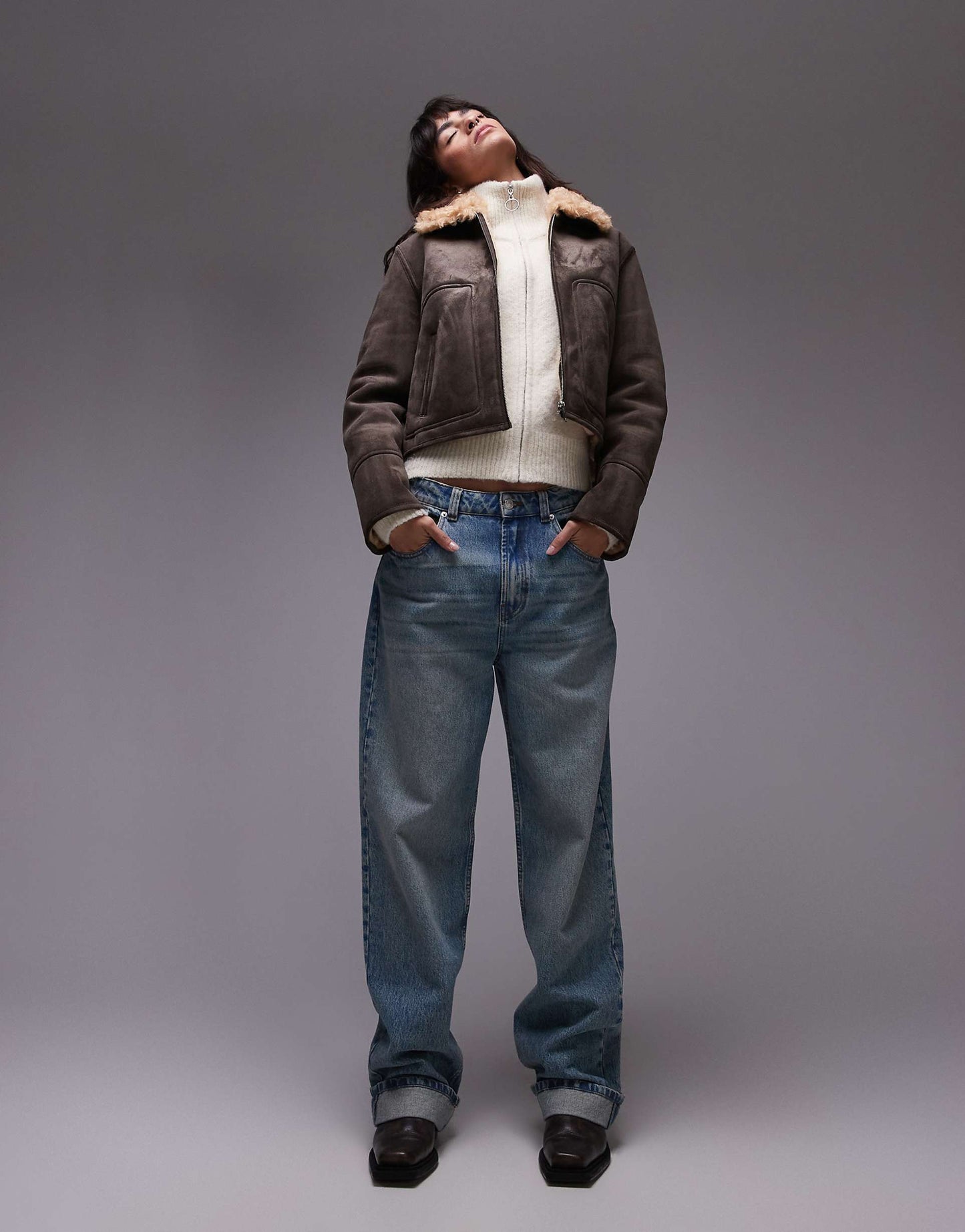 Suede Look Cropped Aviator With Shearling Collar