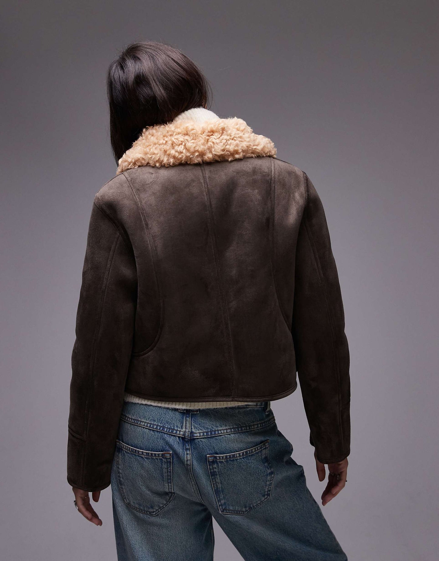 Suede Look Cropped Aviator With Shearling Collar