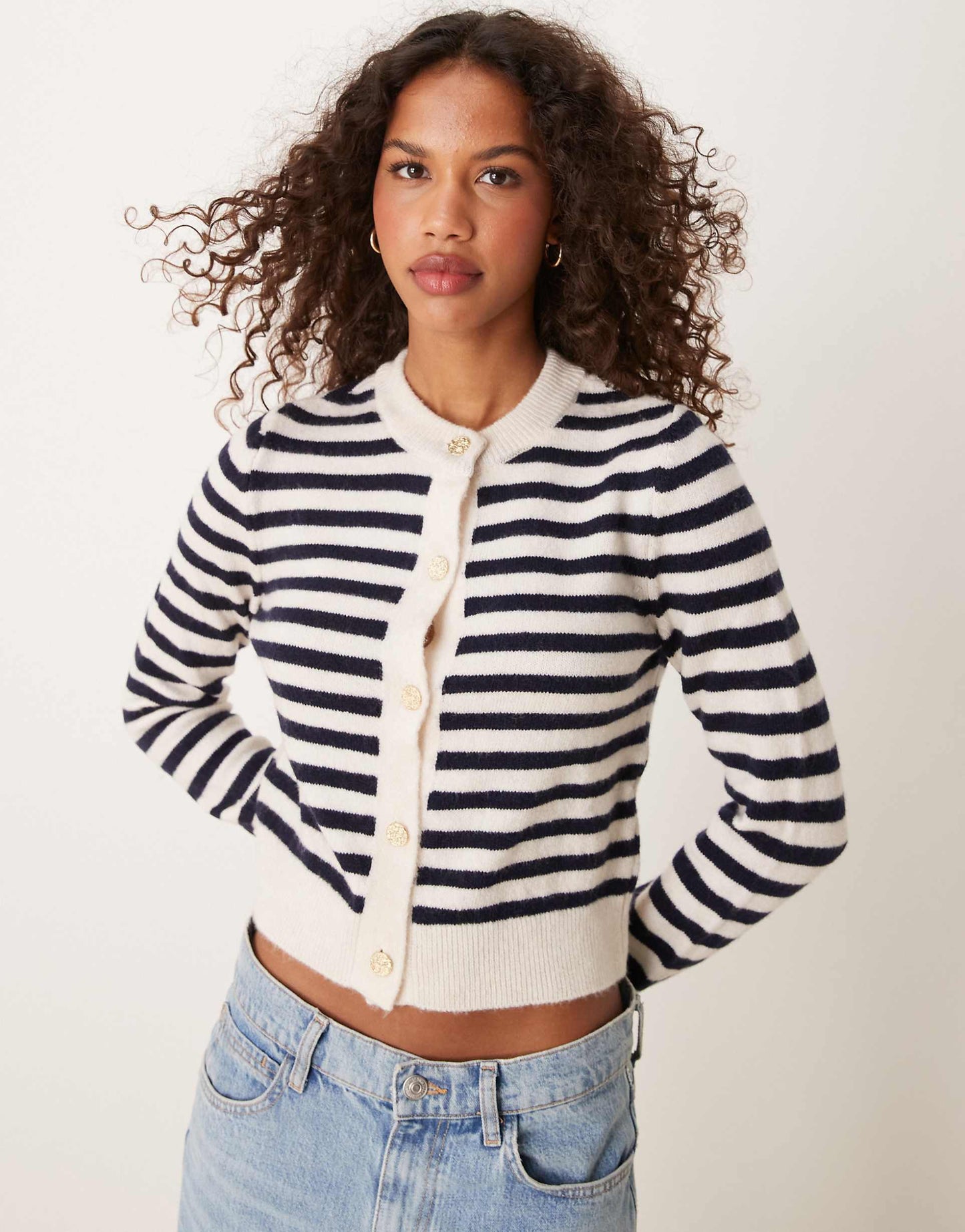 Stripe Gold Button Fluffy Cardigan