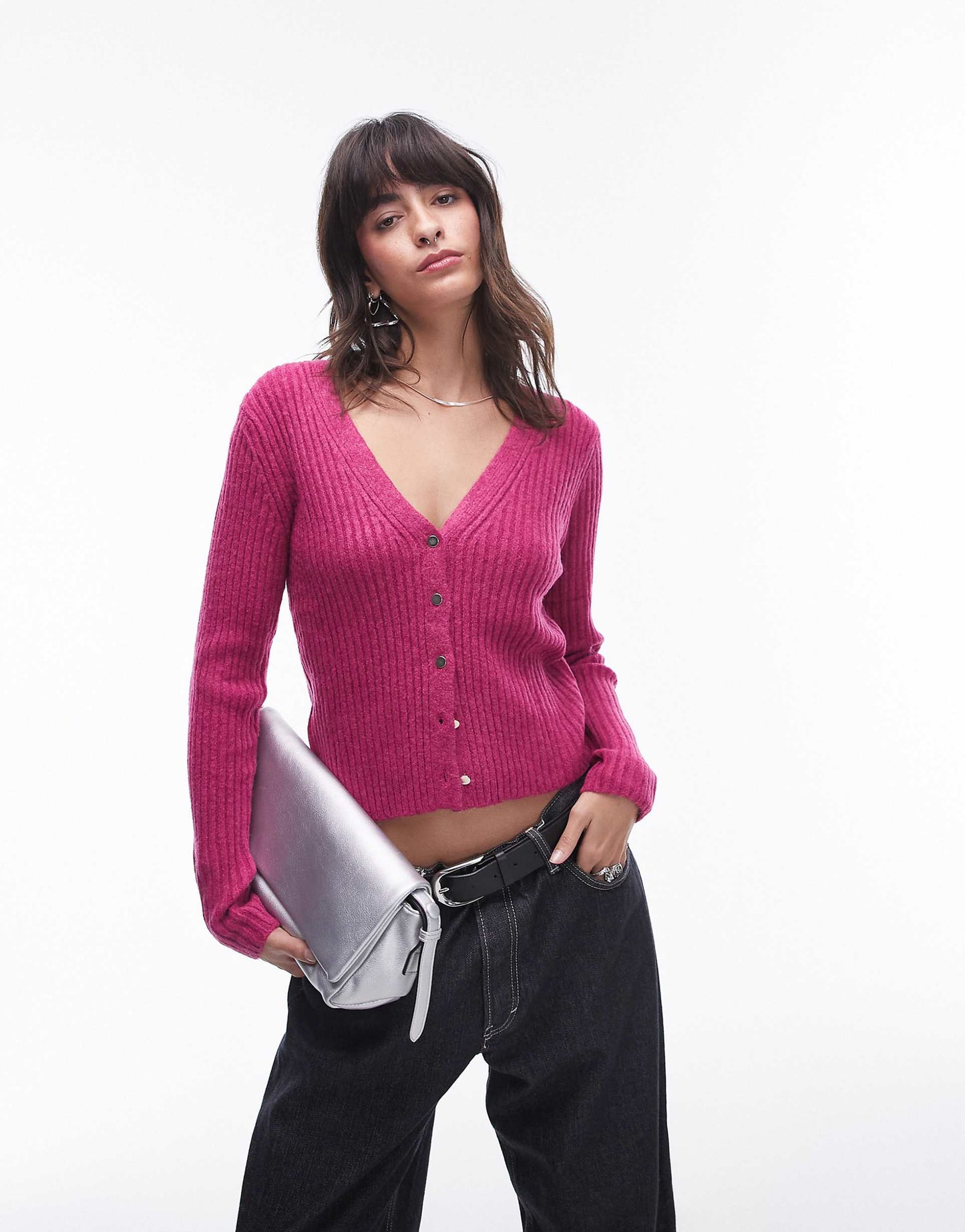 Ribbed Fine Knit Button Through Cardigan