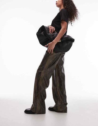 Leather Look Straight Leg Snake Print Trousers