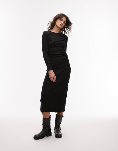 Cinched Waist Fine Knit Midi Dress
