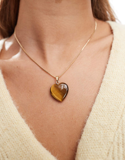 Necklace With Real Tigers Eye Heart Pendant