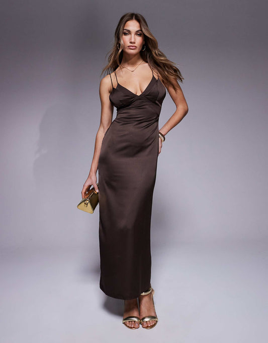 Satin Midi Dress With Chiffon Bust Detail And Cross Back