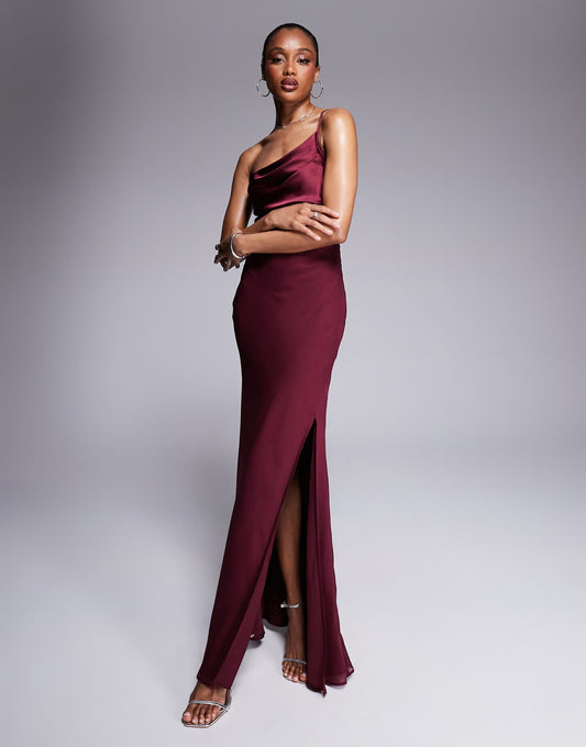 Tall Satin Chiffon Mix Draped One Shoulder Maxi Dress