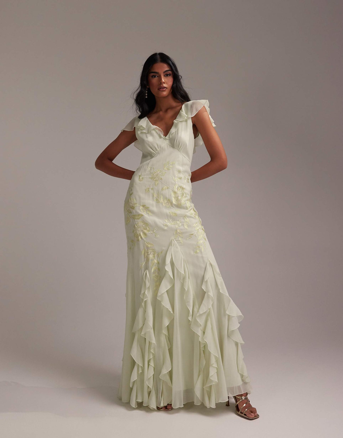 Bridesmaids Embroidered Flutter Sleeve Bias Maxi Dress With Godet Frill Hem