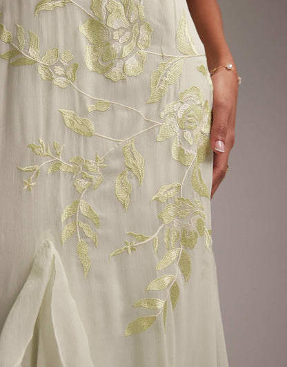 Bridesmaids Embroidered Flutter Sleeve Bias Maxi Dress With Godet Frill Hem