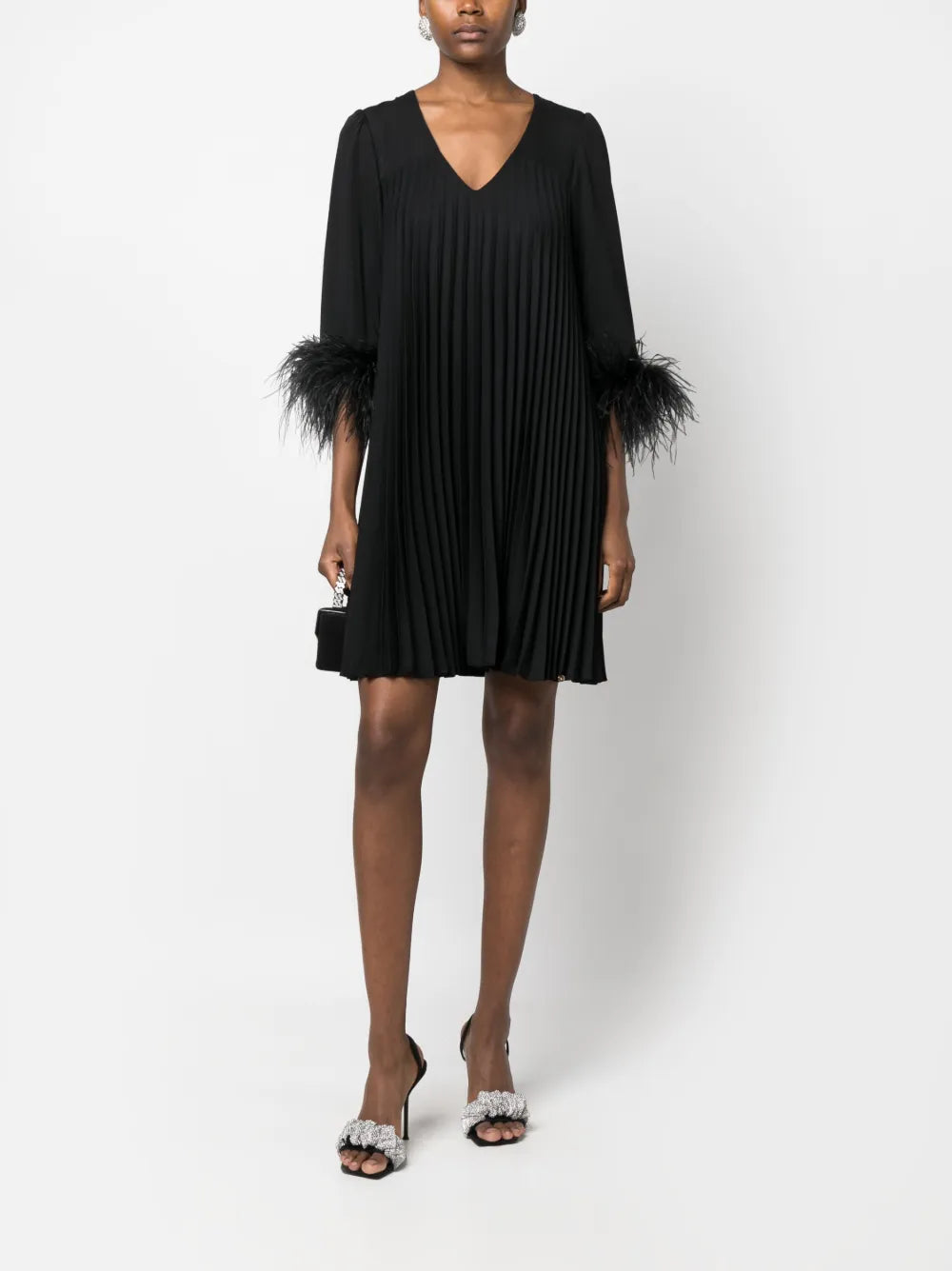 Feather-Trim Pleated Dress