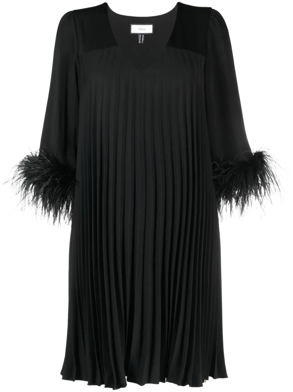 Feather-Trim Pleated Dress