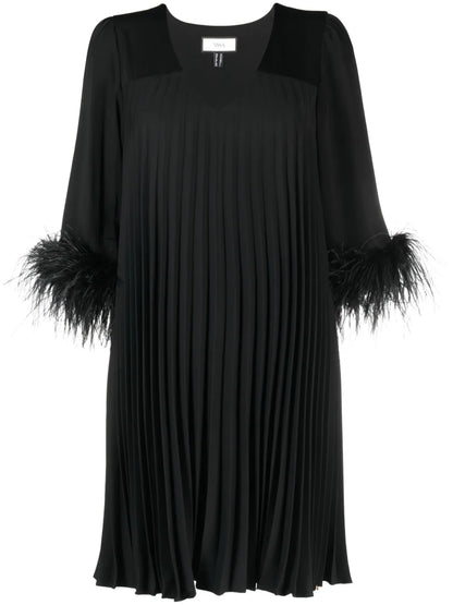 Feather-Trim Pleated Dress