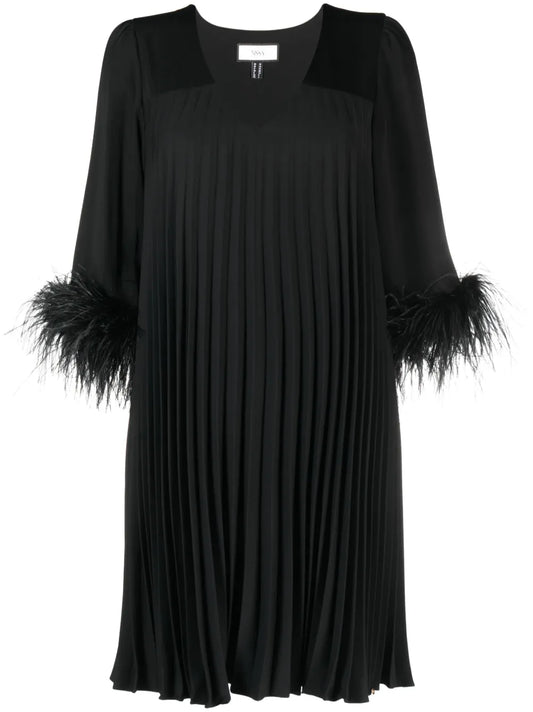 Feather-Trim Pleated Dress