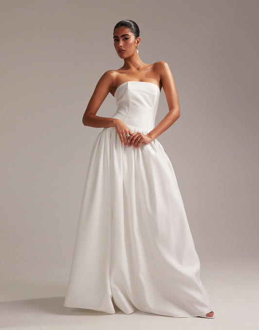 Structured Dropped Waist Satin Maxi Wedding Dress