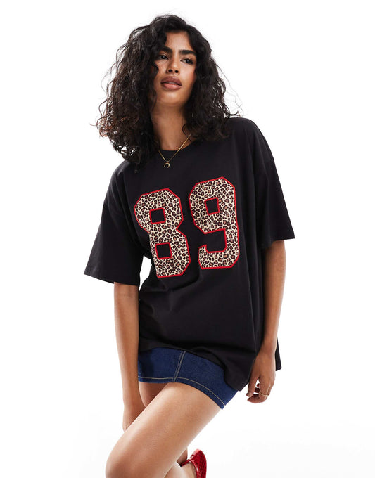 Oversized Tee With Contrast Stitch  Leopard Number Applique