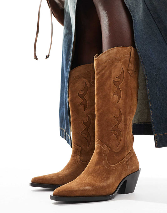 Suede Look Heeled Cowboy Boot