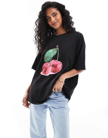 Oversized T-Shirt With Cherry Graphic