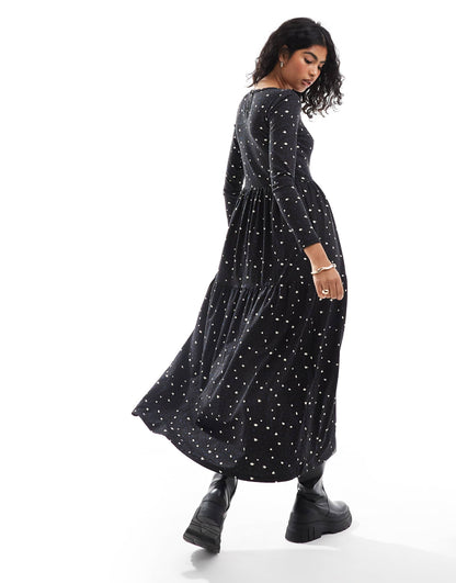 Long Sleeve Smudge Spot Midaxi Dress